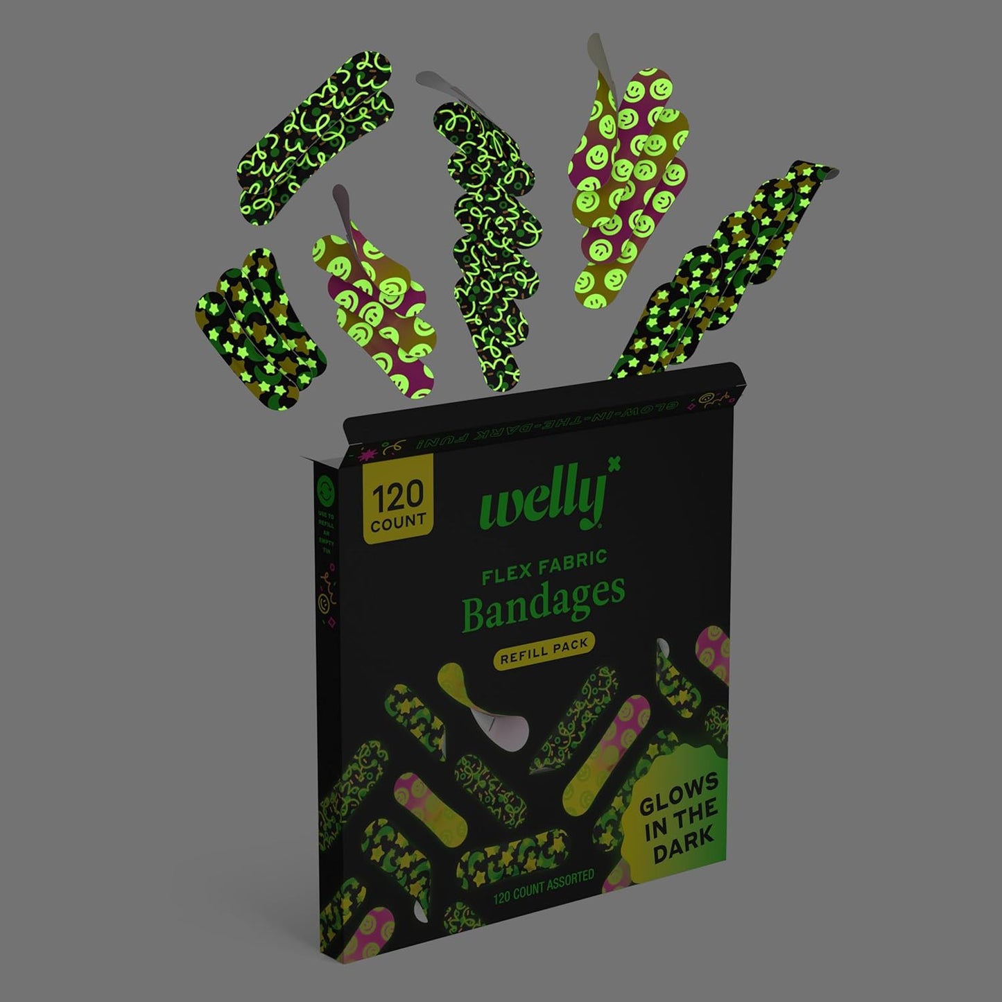 Welly Flex Fabric Bandages Refill Pack Glow In The Dark 120 Count Assorted