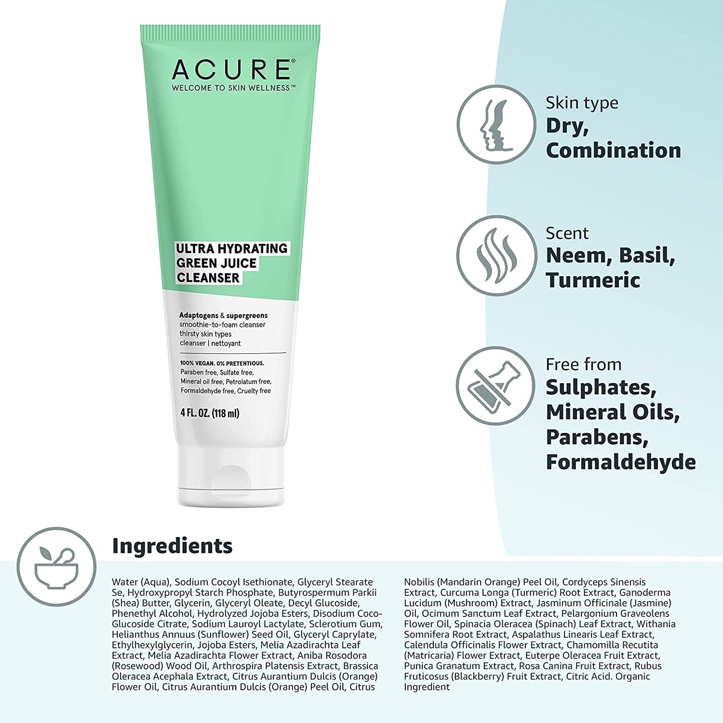 ACURE Ultra Hydrating Green Juice Facial Cleanser Adaptogens & Supergreens Smoothie, 4 fl.oz / 118ml