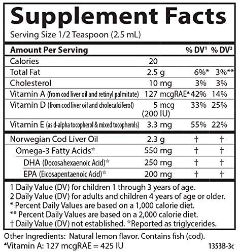 Carlson Kid's Cod Liver Oil 550mg Omega 3 Vitamin A, D3, Lemon Flavor 8.4 fl oz / 250 mL