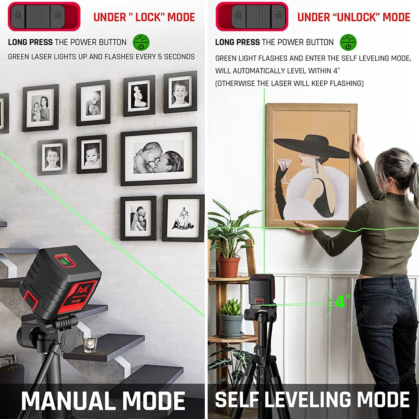 Motovera Self Leveling Laser Level, 100ft/30m Laser Level IP54 Waterproof