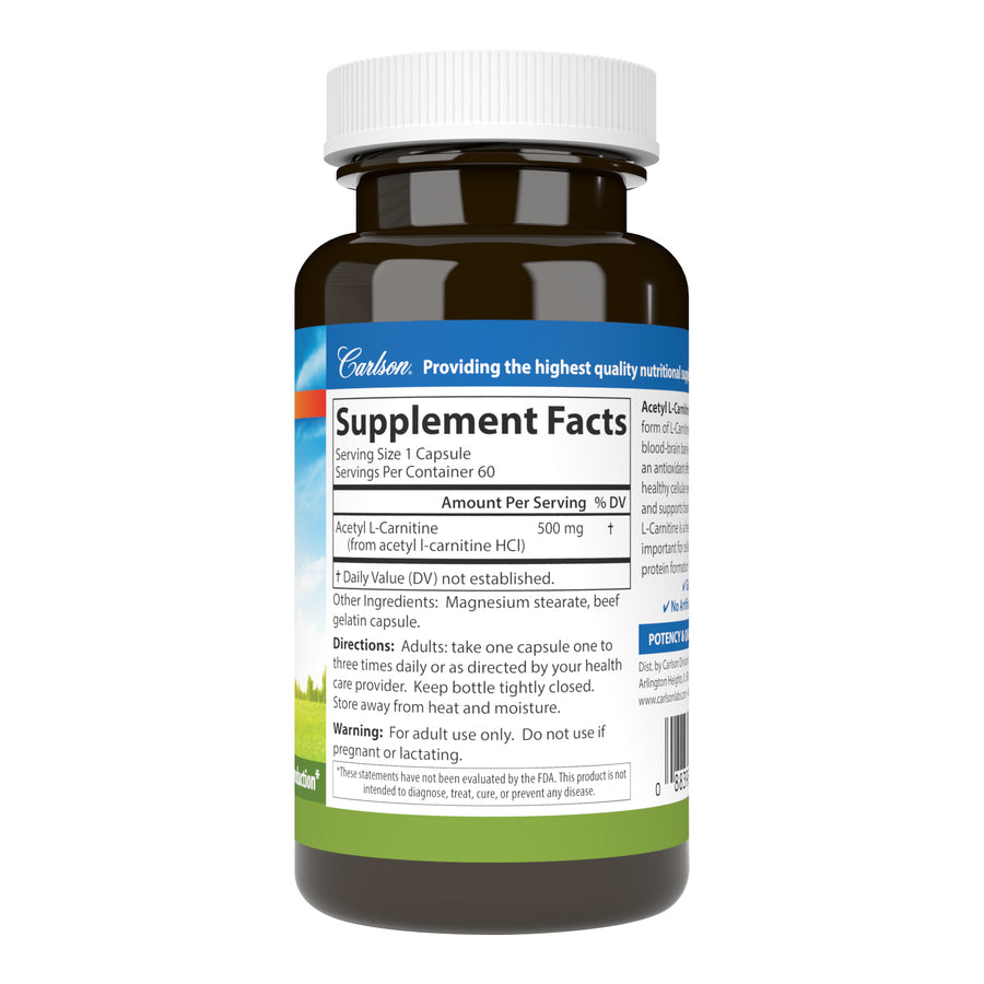 Carlson Acetyl L-Carnitine Free-Form Amino Acid 500mg 60 Capsules Cognitive Health, Brain Function & Energy Production