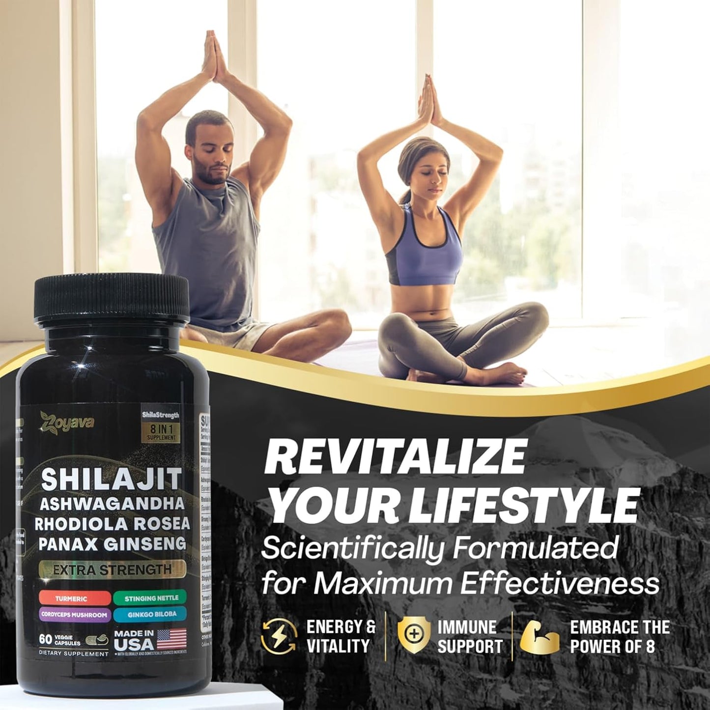 Zoyava Shilajit Ashwagandha Rhodiola Rosea Panax Ginseng Supplement 60 Veggie Capsules