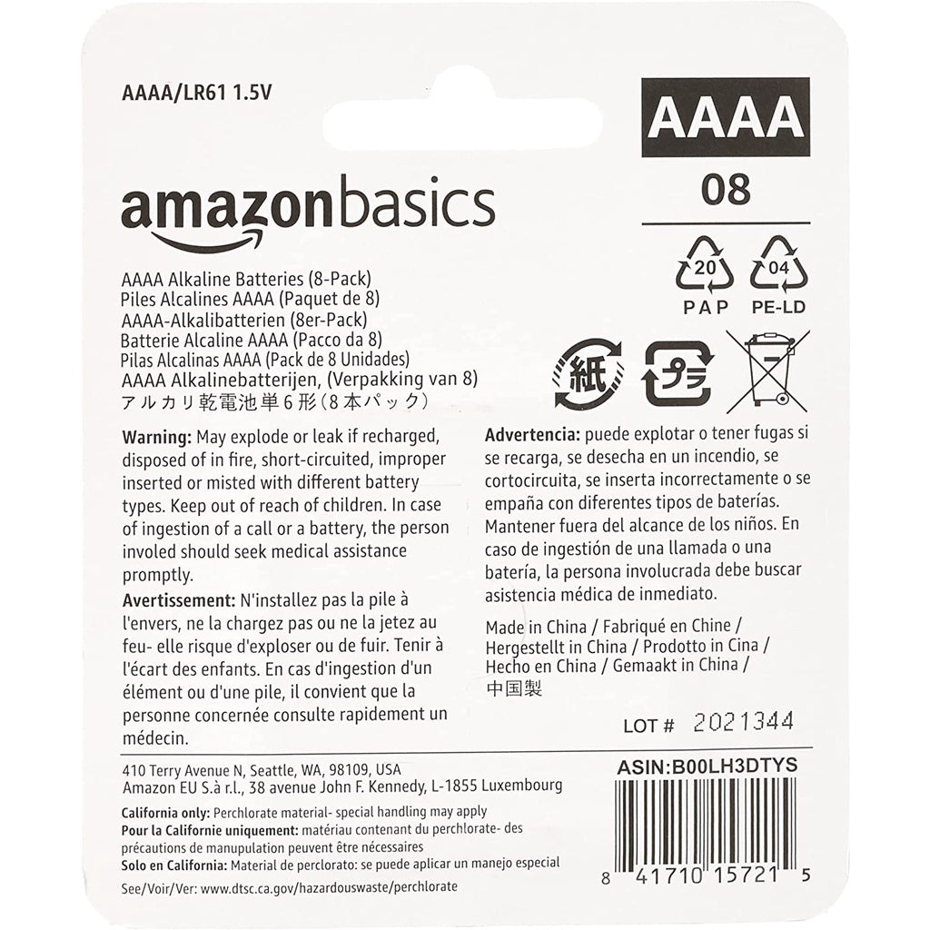 AmazonBasics AAAA 1.5 Volt Everyday Alkaline Batteries, 8 Pack