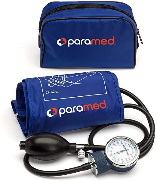 Paramed Basic Aneroid Sphygmomanometer with Manual Blood Pressure Cuff, Case and D-Ring, Blue (MAX02)
