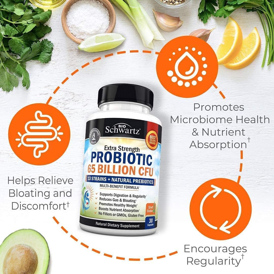 Bio Schwartz Extra Strength Probiotic 65 Billion CFU 13 Strains + Natural Prebiotics Capsules - 30 Counts