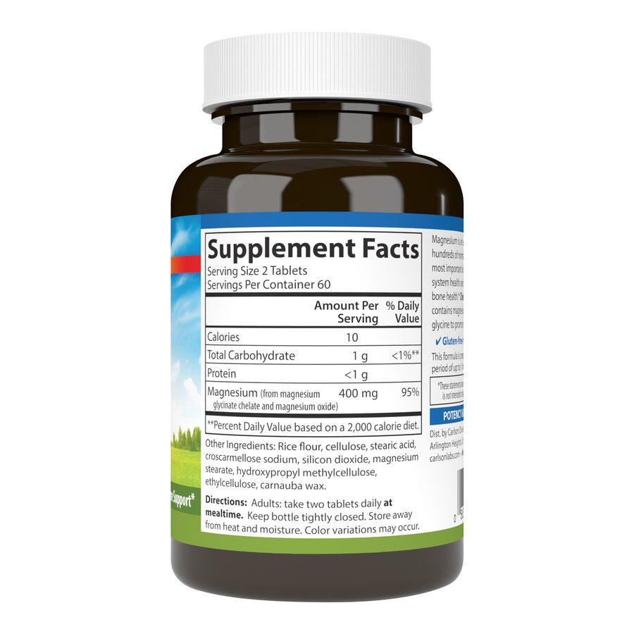 Carlson Chelated Magnesium Glycinate 400mg 120 Tablets for Cardiovascular Health, Muscle Function & Bone Support