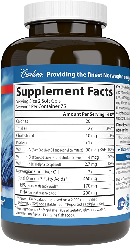 Carlson Wild Norwegian Cod Liver Oil Gems, 460 mg Omega-3s + Vitamins A & D3, Natural Lemon 150 Softgels