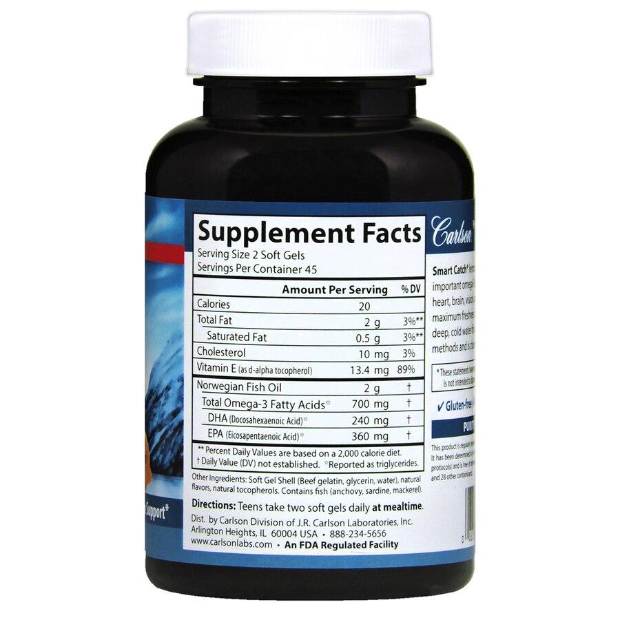 Carlson Smart Catch for Teens with Omega 3s, EPA & DHA, Natural Lemon Flavor 90 Softgels Multivitamin