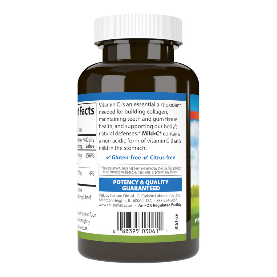 Carlson Mild-C 500mg Buffered Vitamin C 100 Capsules Immune Support, Antioxidant & Optimal Wellness