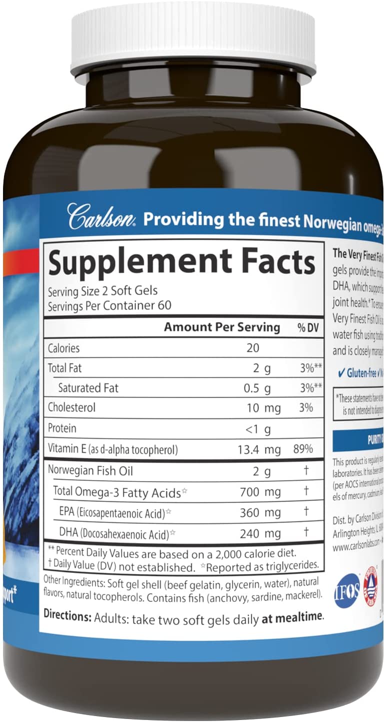 Carlson The Very Finest Fish Oil 700 mg Omega-3 Lemon Flavor 120 Softgels