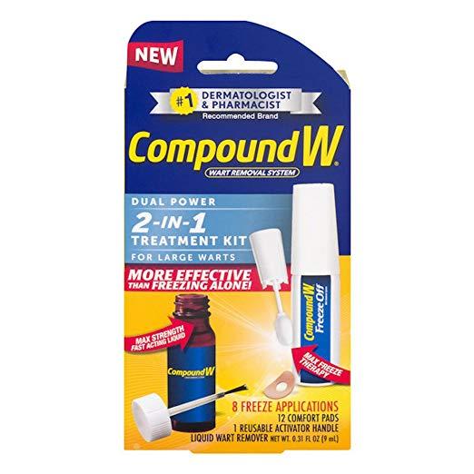Compound W Dual Power 2 in 1 Treatment Kit for Large Warts (8 Freeze Applications, 12 Comfort Pads, 0.31 oz / 9ml Liquid Wart Remover) Packaging may Vary