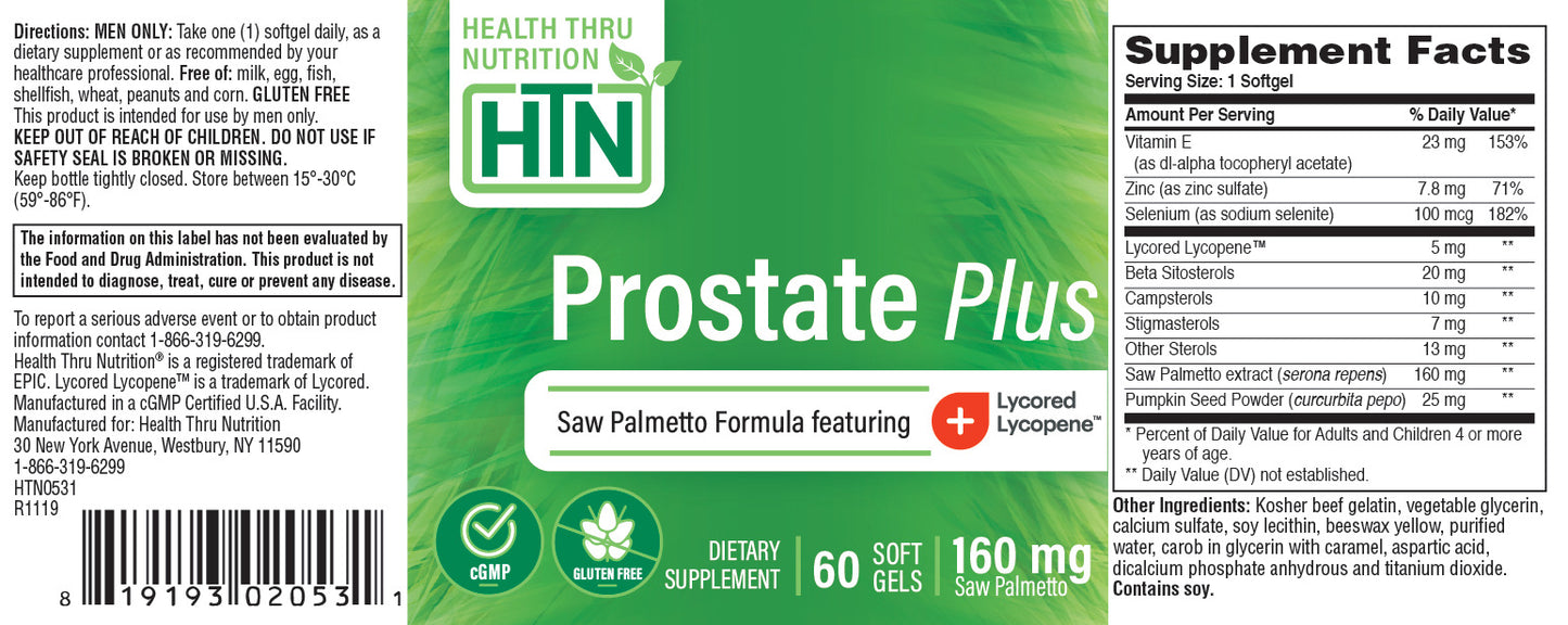 Health Thru Nutrition Prostate Plus Saw Palmetto Formula featuring Lycored & Lycopene Supplement For Men, 60 Softgels