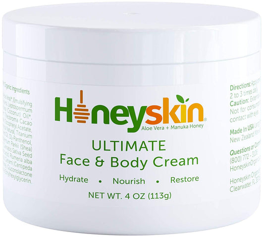 HoneySkin Face and Body Cream Moisturizer - Nourishing Aloe Vera - Manuka Honey for Rosacea Eczema Psoriasis Rashes Itchiness Redness - Natural Organic Cracked Skin Relief - Anti Aging - Anti Wrinkle (4 oz)
