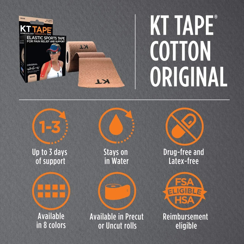 KT Tape Original Cotton Elastic Kinesiology Therapeutic Athletic Tape, 2" x 10" Black, 20 Strips