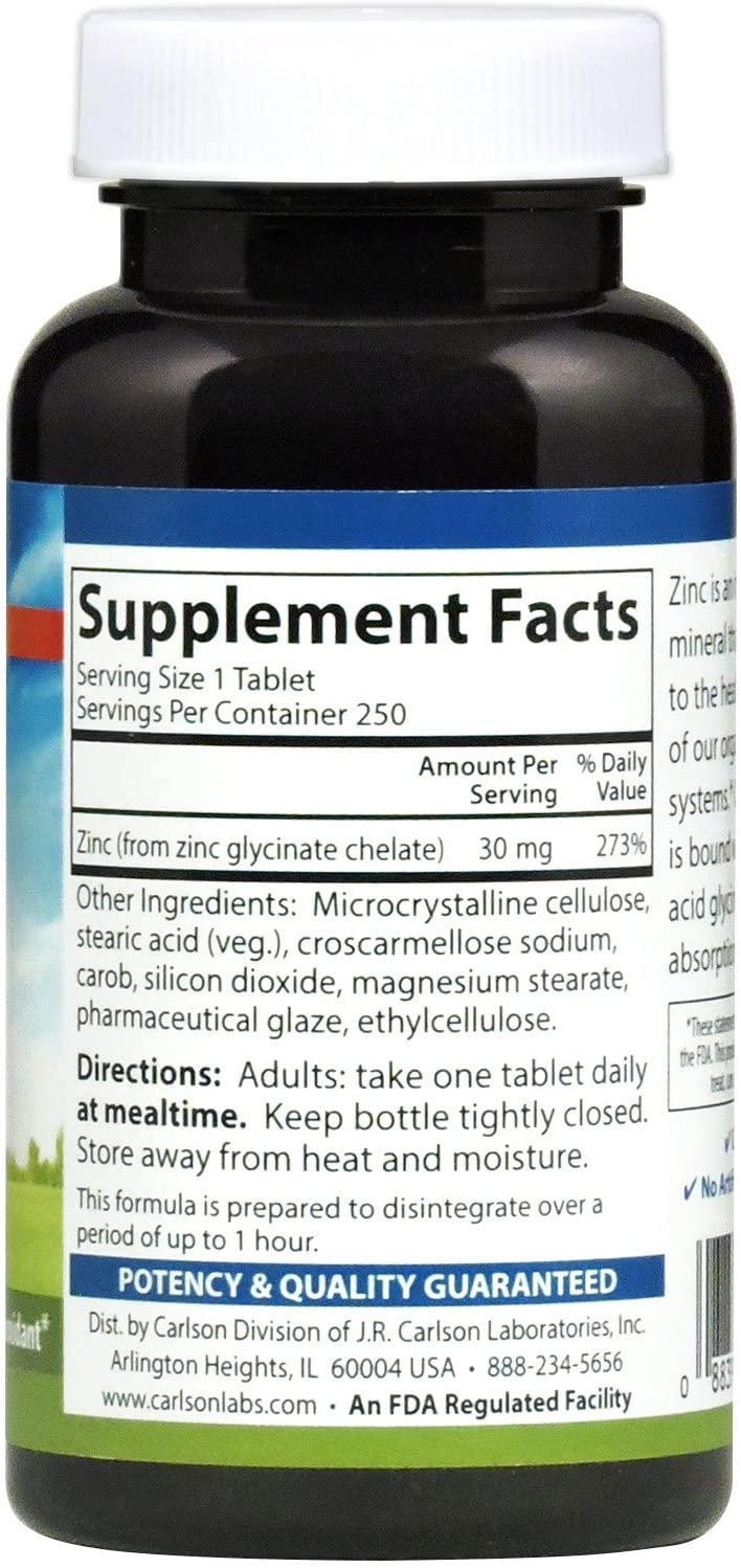 Carlson Chelated Zinc 30mg 250 Tablets