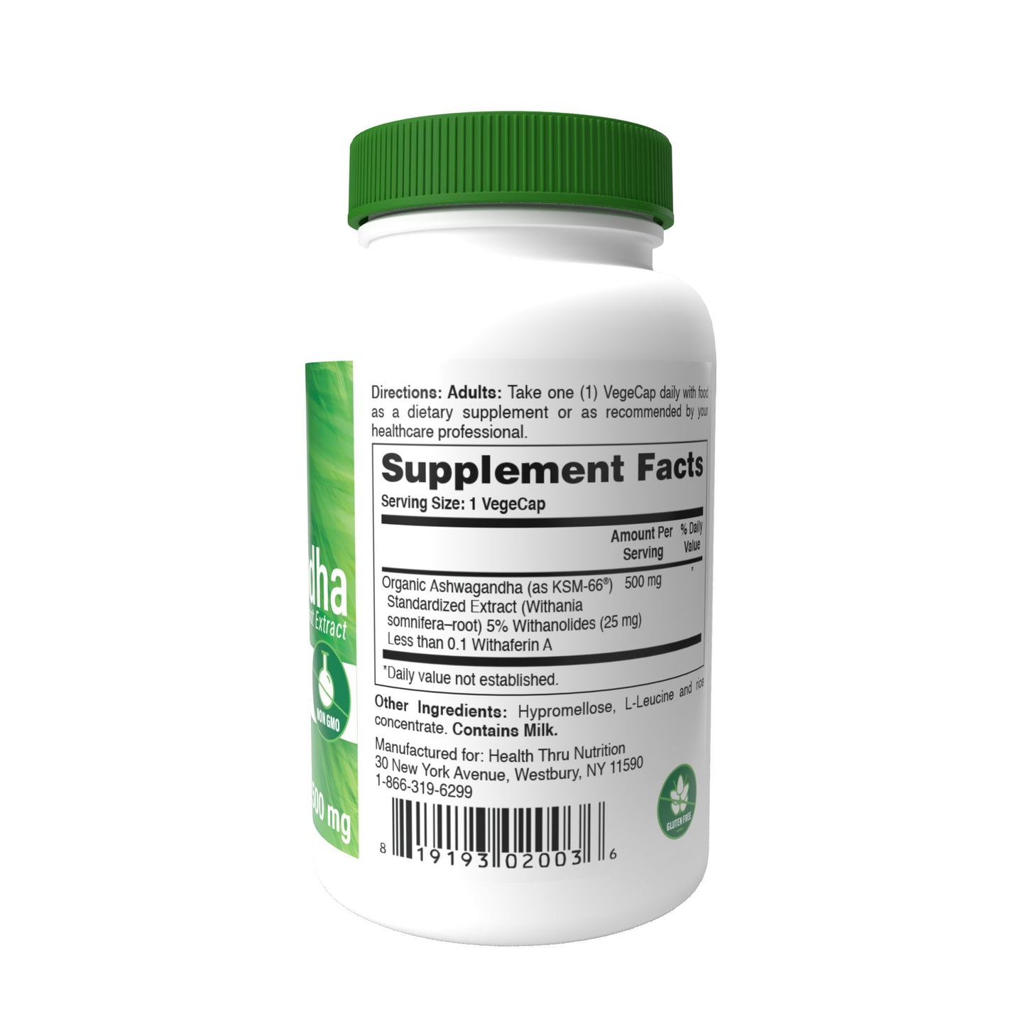 Health Thru Nutrition Ashwagandha KSM-66 500mg (NON-GMO) 90 Vegecaps Reduce Stress and Anxiety