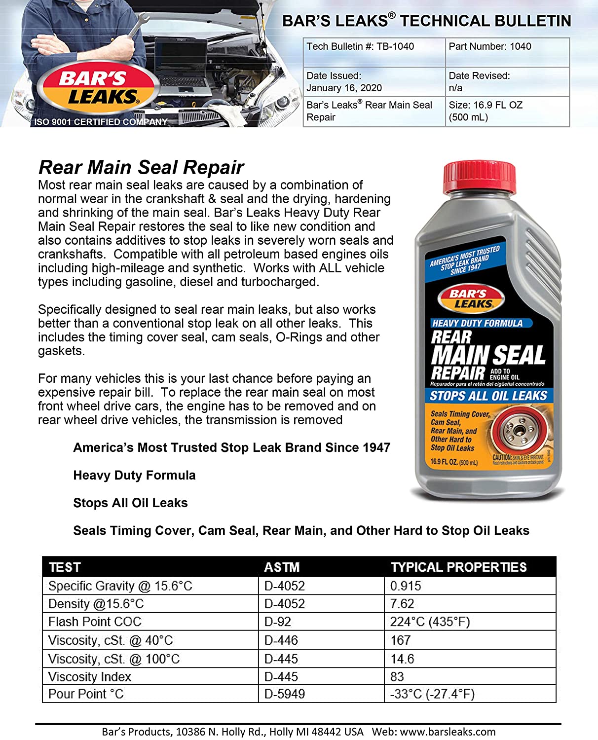 Bar's Leaks Concentrated Rear Main Seal Repair, 16.9 oz. / 500ml