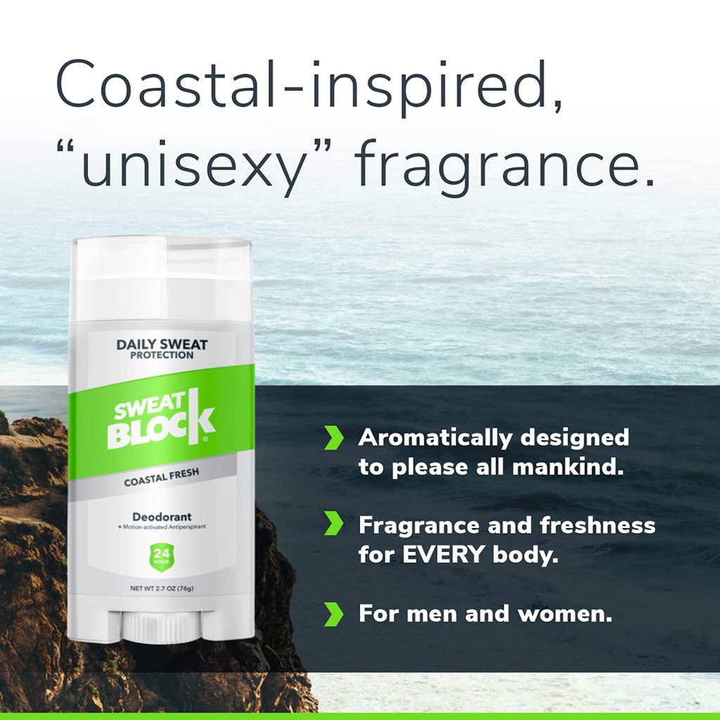 SweatBlock Antiperspirant Deodorant for Men & Women 24HR Sweat & Odor Protection Coastal Fresh, 76g