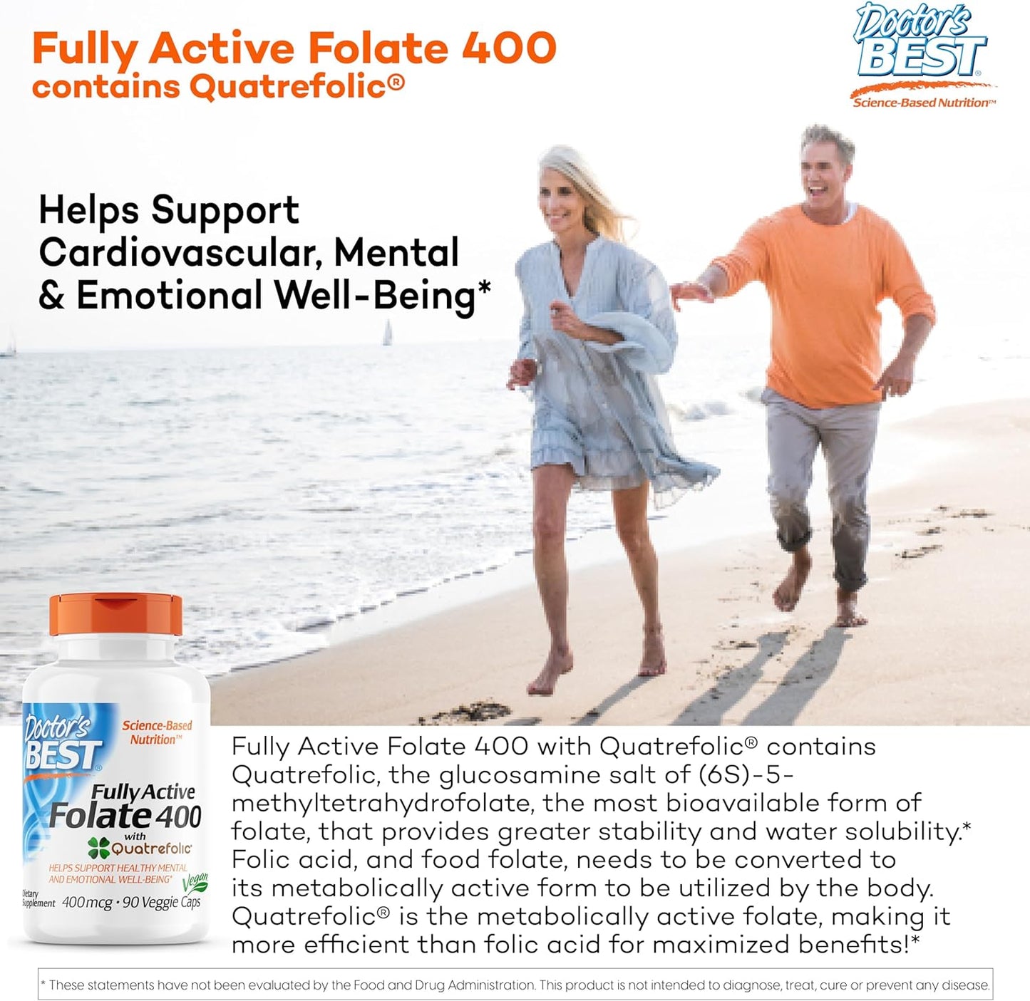 Doctor's Best Fully Active Folate 400 with Quatrefolic 400mcg Supplement 90 Veggie Caps