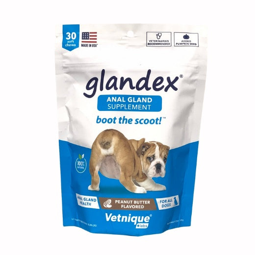 GLANDEX Vetnique An'al Gland Digestive Enzymes Peanut Butter for All Dogs Boot The Scoot 30 Chews