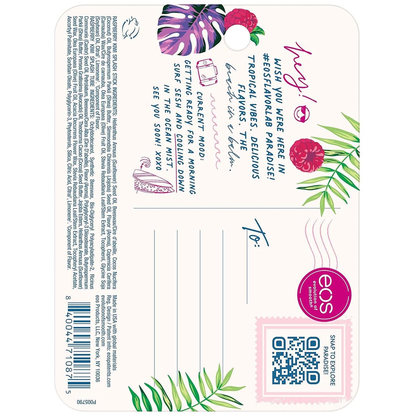 Eos Beach In A Balm 24H Moisture Lip Balm Raspberry Kiwi Splash 0.4 oz(4g) Stick / 0.35 fL oz (10 mL) Tube