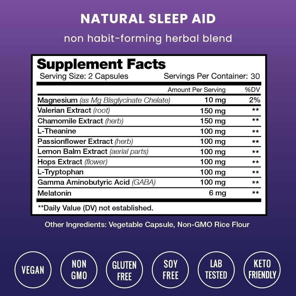 NutraChamps Dreamrite Natural Sleep Aid with Valerian, Chamomile, Magnesium, Melatonin 60 Veggie Capsules