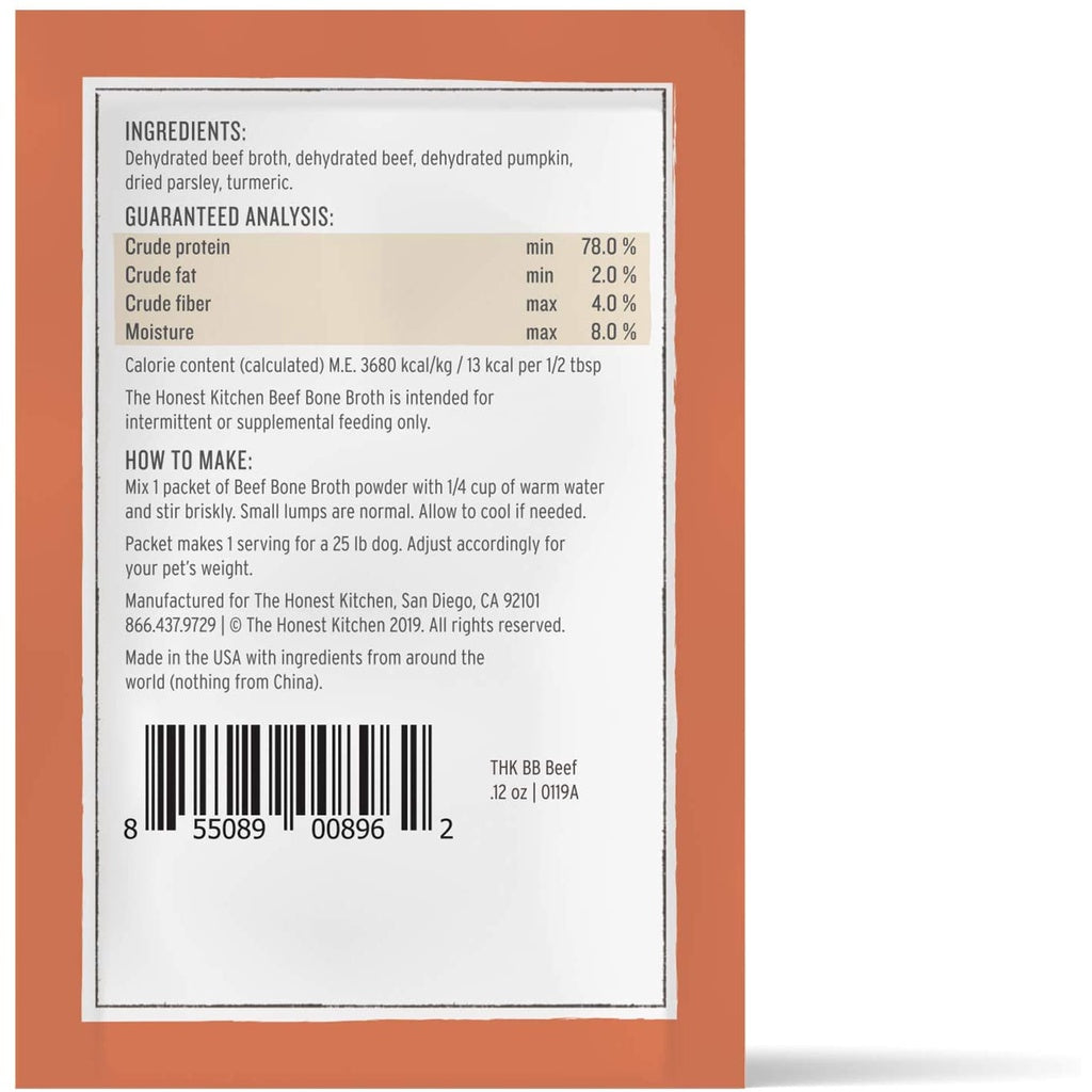 The Honest Kitchen Daily Boosters: Instant Beef Bone Broth Natural Treat for Dogs, 12 Packets
