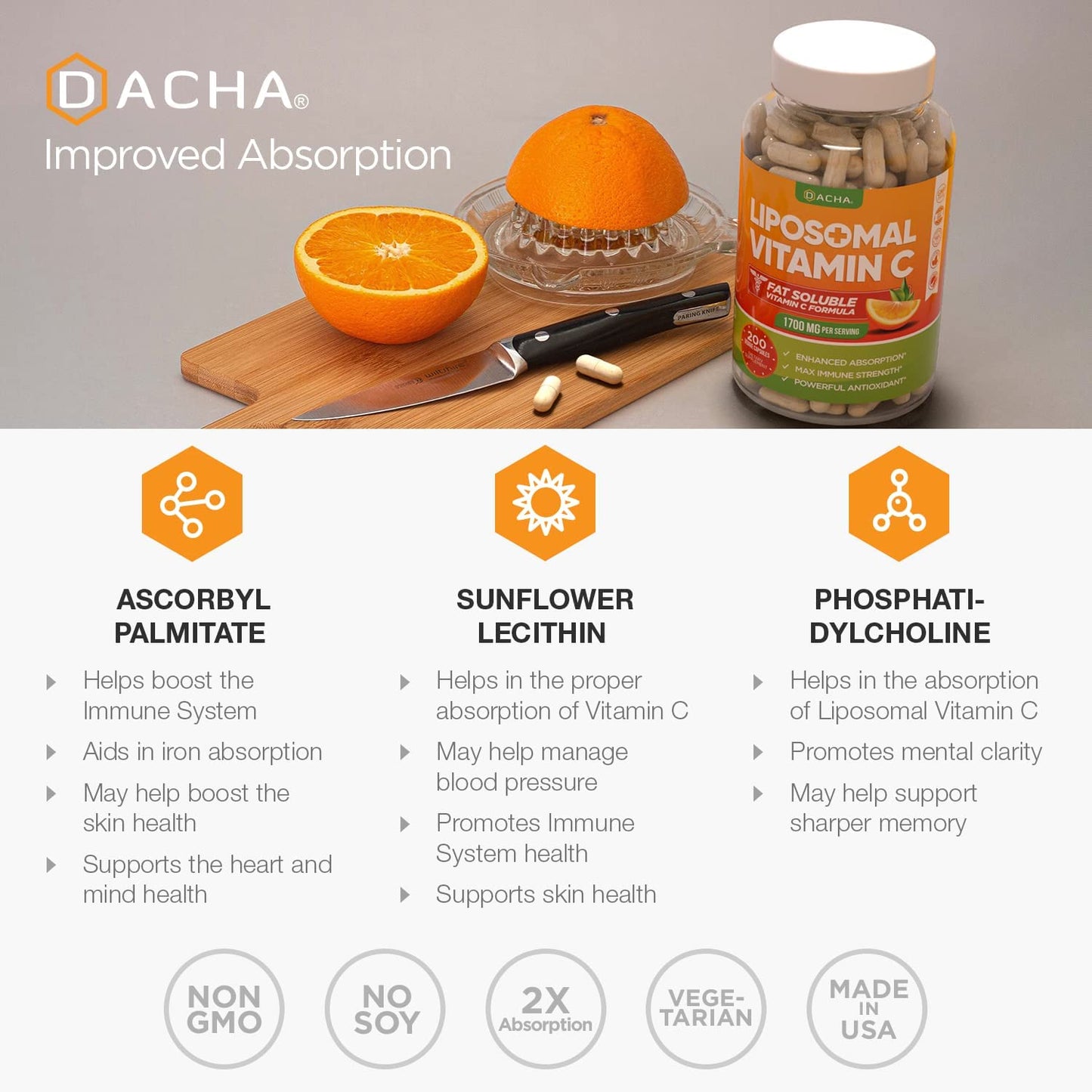 Dacha Natural Liposomal Vitamin C - 1700 mg Max Immune Strength Powerful Antioxidant 200 Capsules