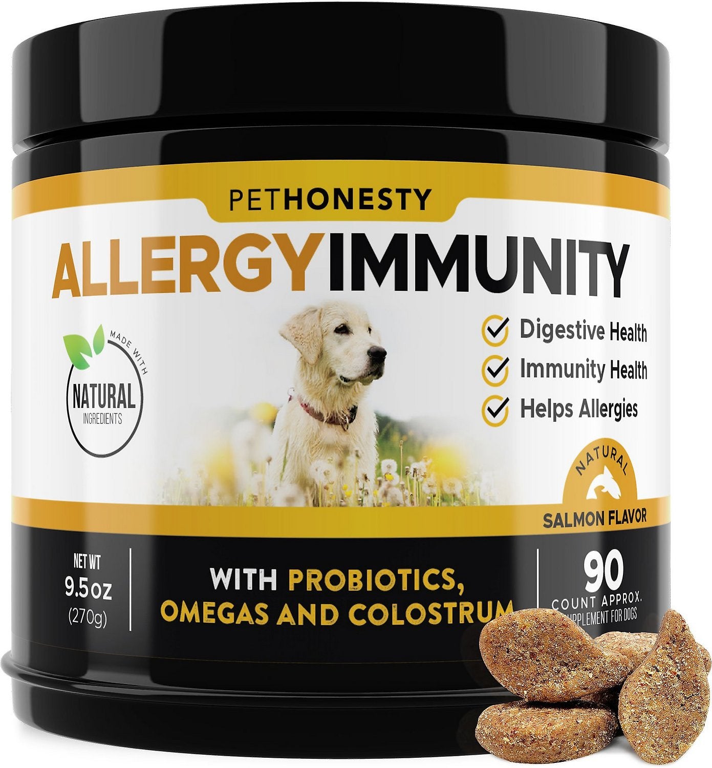 PetHonesty Allergy Support Immunity Supplement for Dogs with Probiotics, Omegas & Colostrum, PEANUT BUTTER Flavor, 90 Count, (PACKAGING MAY VARY)