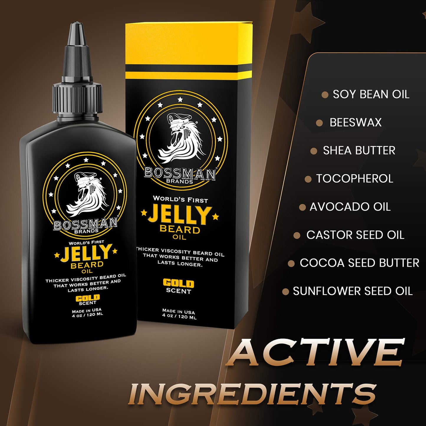Bossman Jelly Beard Oil Facial Hair Moisturizer & Beard Growth Softener Gold Scent, 4 oz. / 120 ml