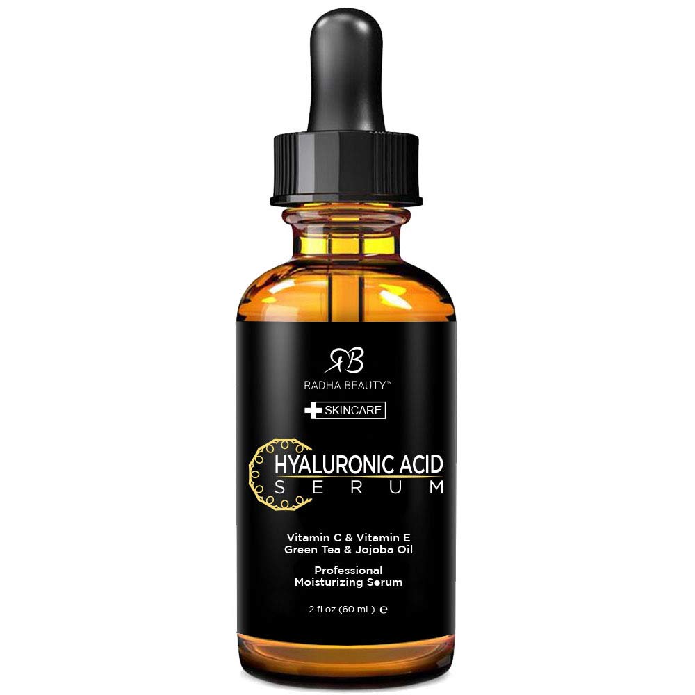 Radha Beauty Hyaluronic Acid Serum Infused with Vitamin C & E, Green Tea & Jojoba Oil, 2 fl.oz / 60ml