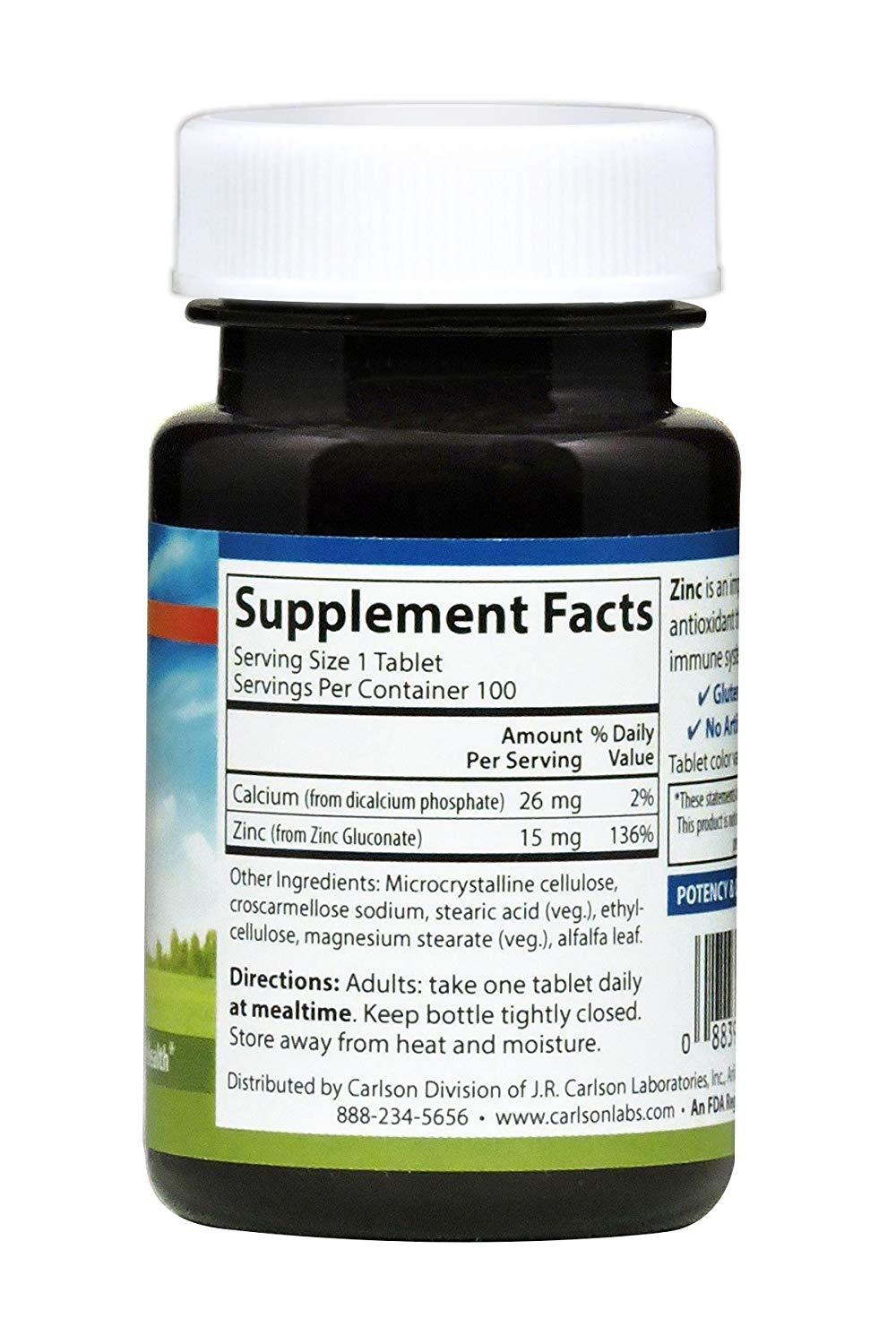 Carlson Zinc 15 mg 100 Tablets Immune Support, Antioxidant, Skin Health