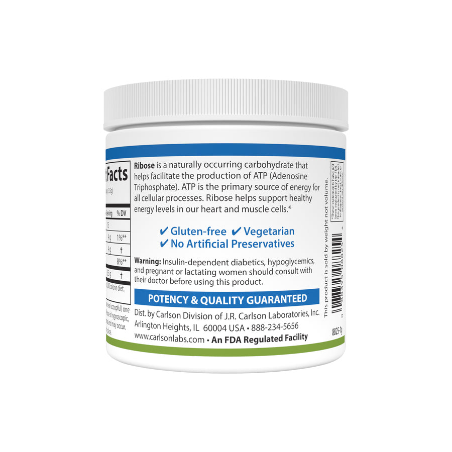 Carlson 100% Pure D-Ribose Powder Non-GMO 3.53 oz. / 100g for Energy Production & Muscle Recovery