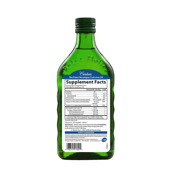 Carlson Wild Norwegian Cod Liver Oil 1,100mg Omega-3s, A & D3 16.9 fl. oz (500 mL)