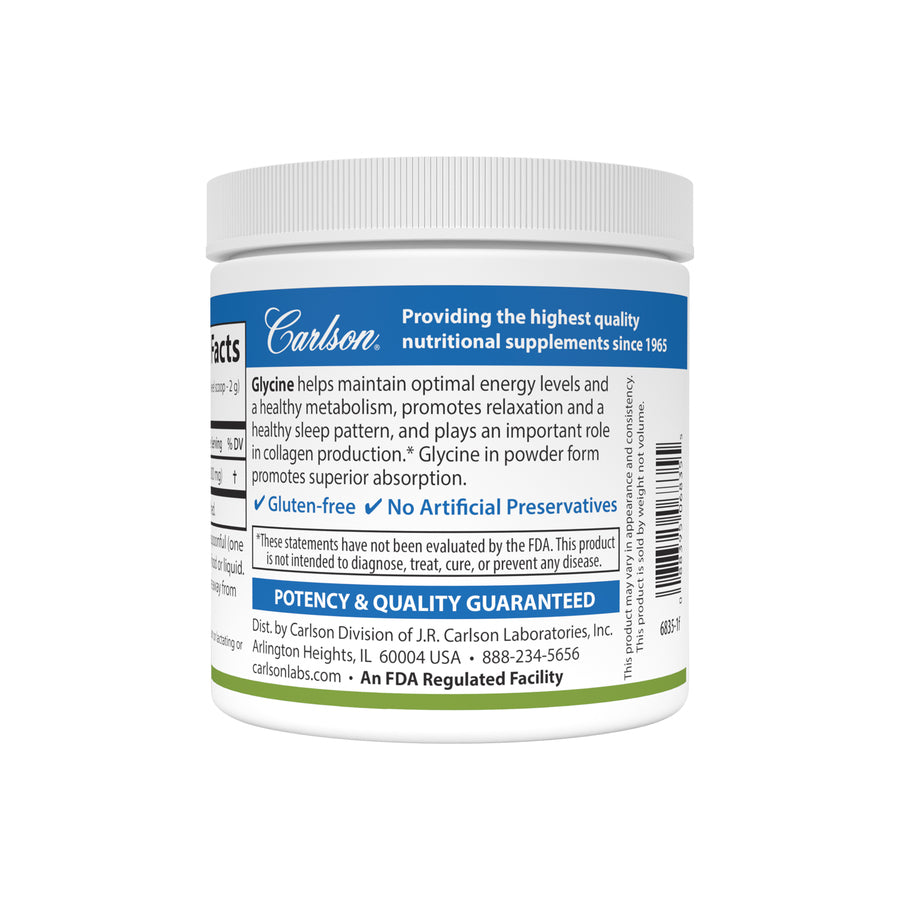 Carlson Glycine Powder Free-Form Amino Acid, 3.53 oz. / 100g Healthy Sleep, Energy Support & Collagen Production