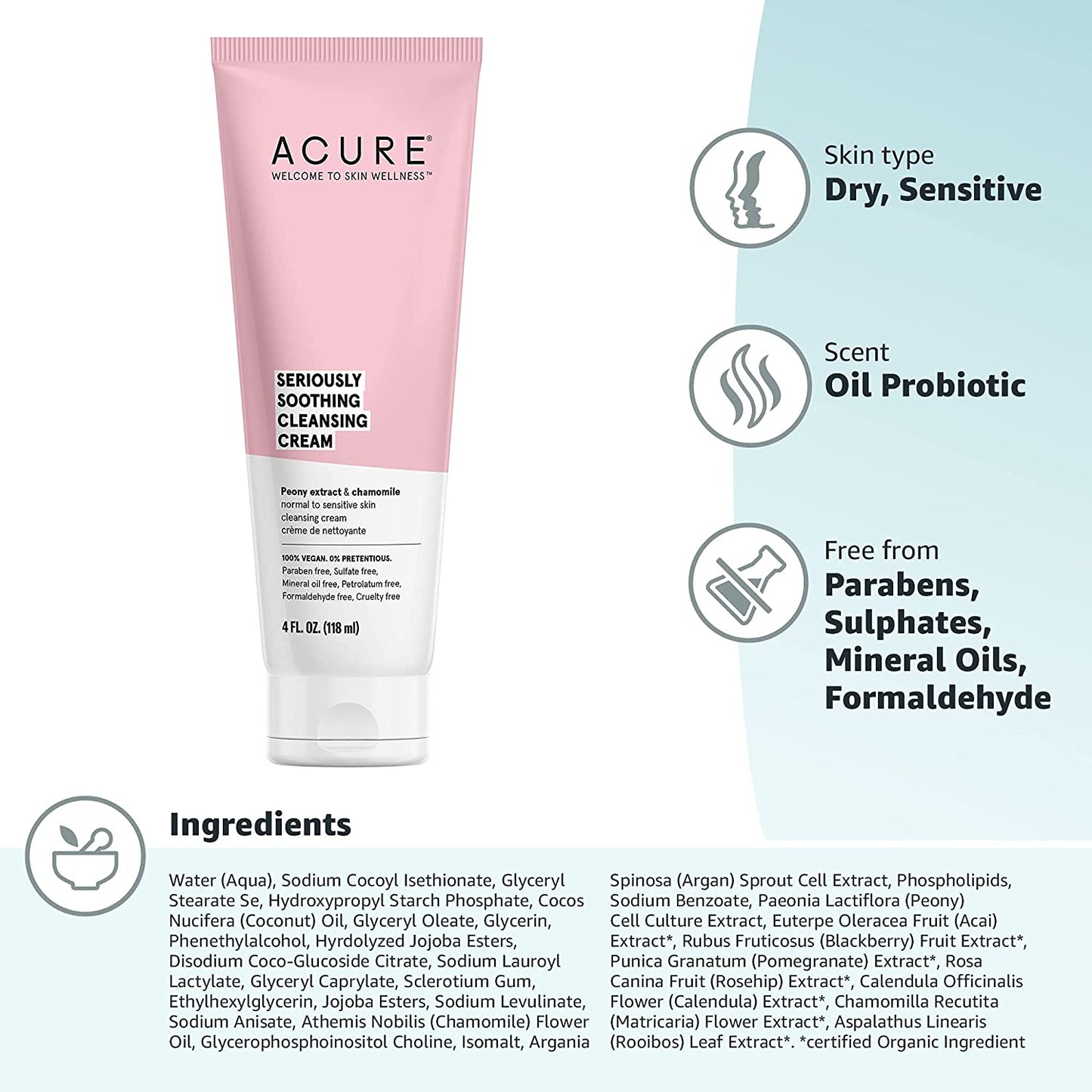 ACURE Seriously Soothing Facial Cleansing Cream Peony Extract & Chamomile, 4 fl.oz / 118ml