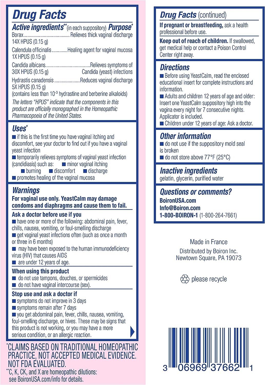 Boiron YeastCalm Homeopathic Suppositories for Yeast Infections, Burning, Discharge, and Minor Vaginal Itching (7 Count)