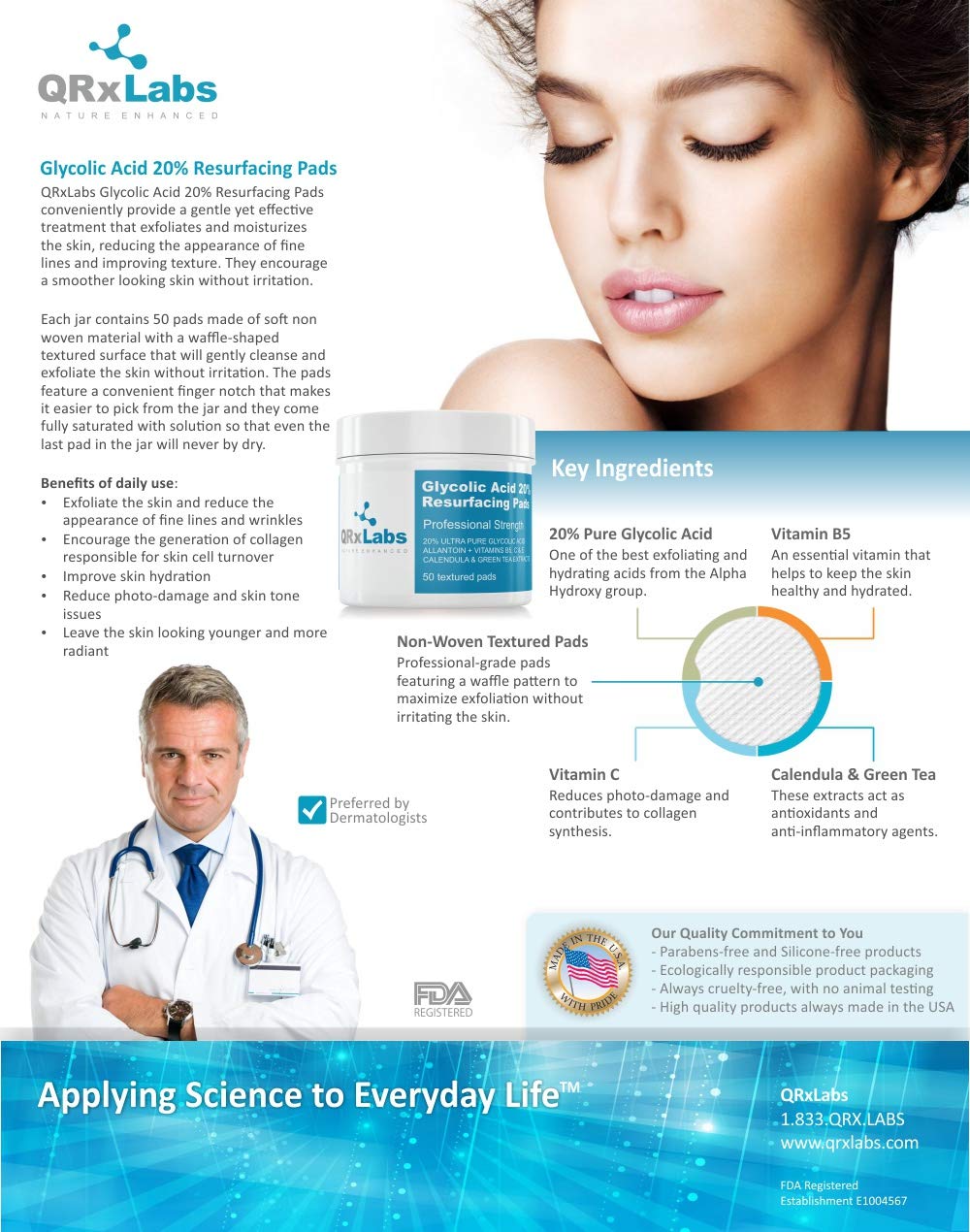 QRxLabs Glycolic Acid 20% Resurfacing Pads with Allantoin, Vitamins B5, C & E, Calendula & Green Tea Extract, 50 Textured Pads