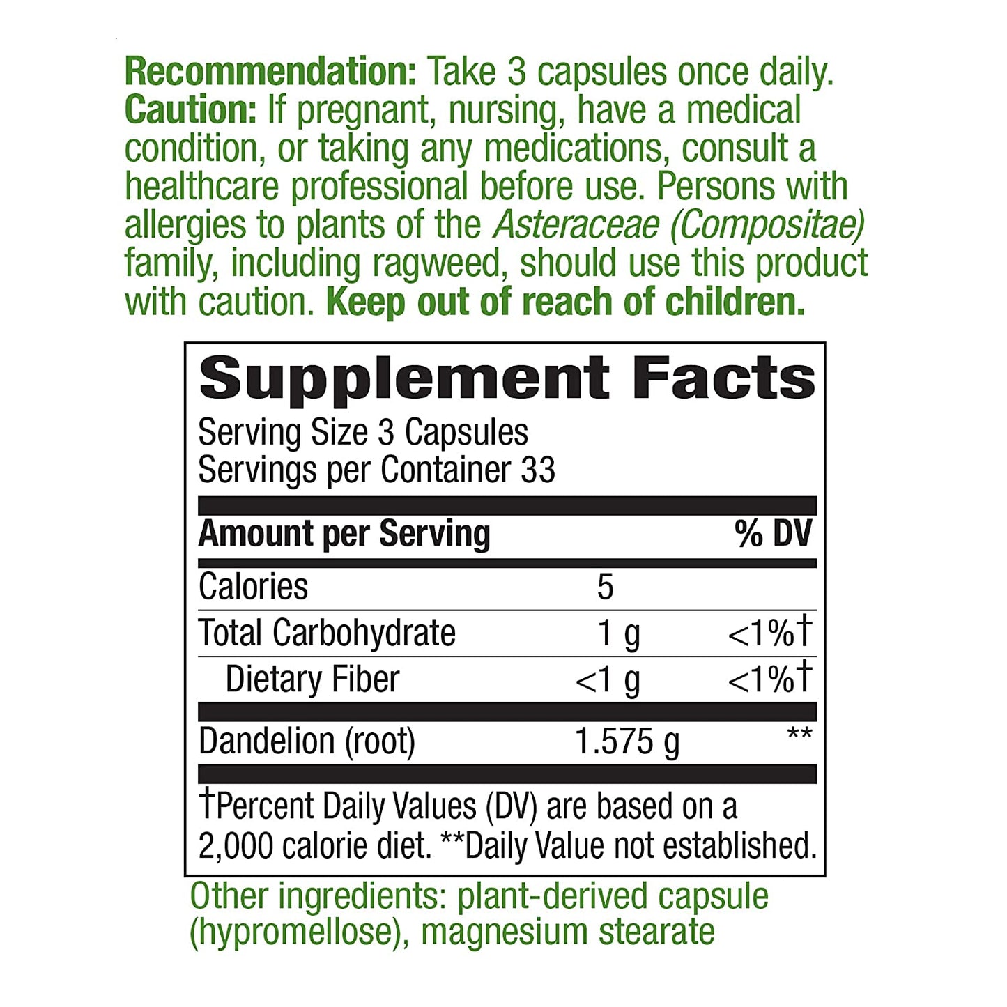 Nature's Way Dandelion Root, 1,575 mg Per Serving Non-GMO, Gluten Free, Vegetarian, 100 Capsules