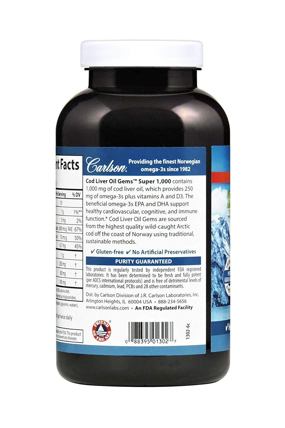 Carlson Cod Liver Oil Gems Super 1,000 mg 250 Softgels