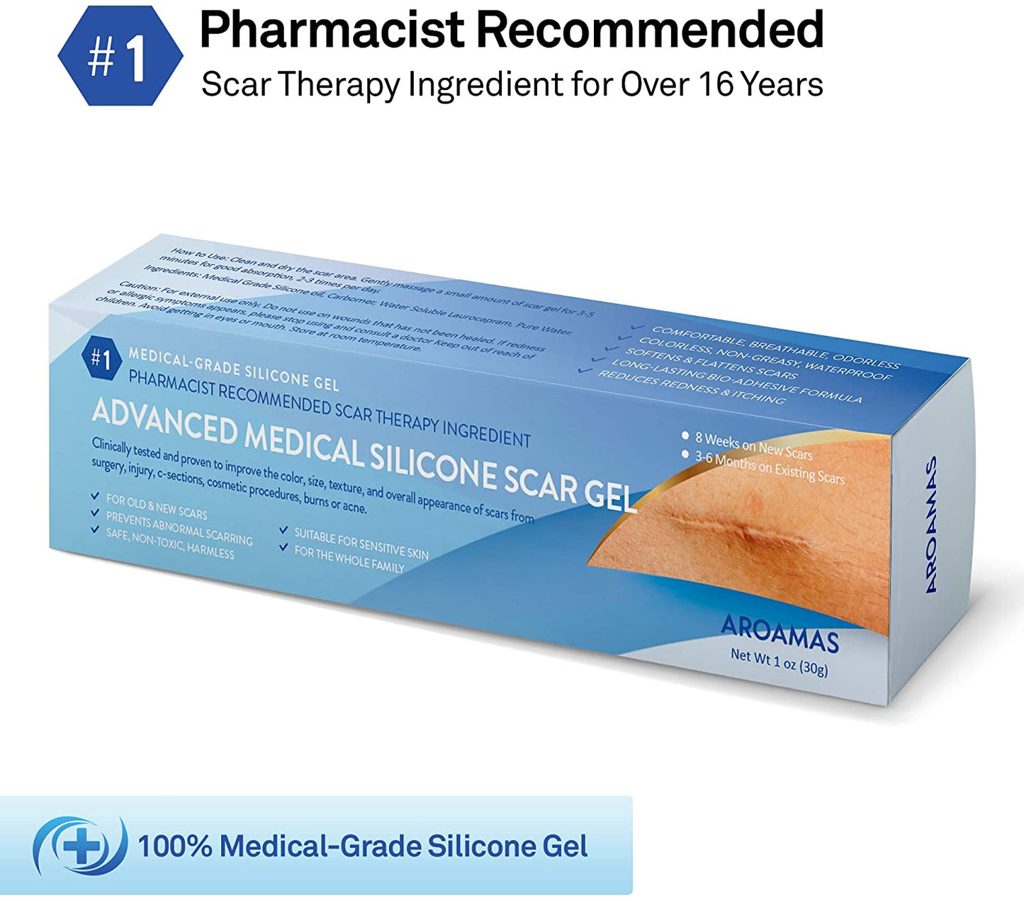 Aroamas Silicone Scar Gel, 30 g for for Surgical Scars, Face, Keloids, C-Section, Cosmetic Procedures, Burns, Injuries