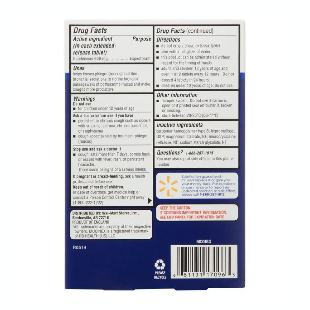 Equate Mucus ER Guaifenesin 600mg Expectorant, 20 Extended-Release Tablets
