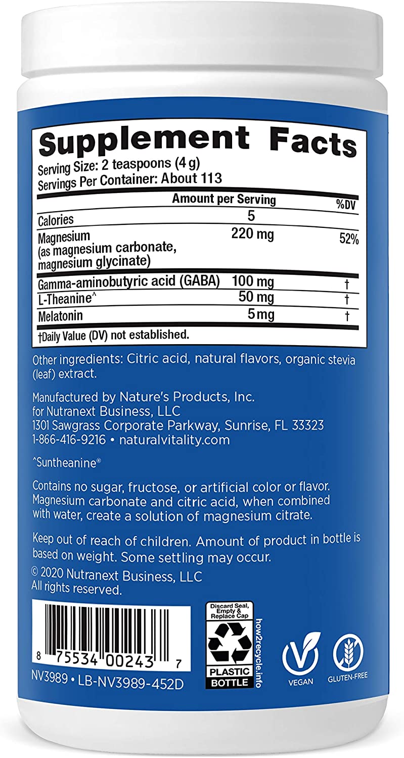 Natural Vitality Calm Sleep Magnesium Supplement with Melatonin & GABA Sleep Drink Mix, Mixed Berry Flavor, 16 oz. / 453 g
