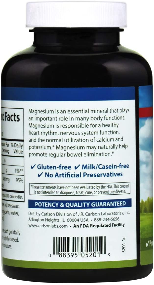 Carlson Magnesium Gels, 400 mg 100 Softgels Heart & Muscle Support