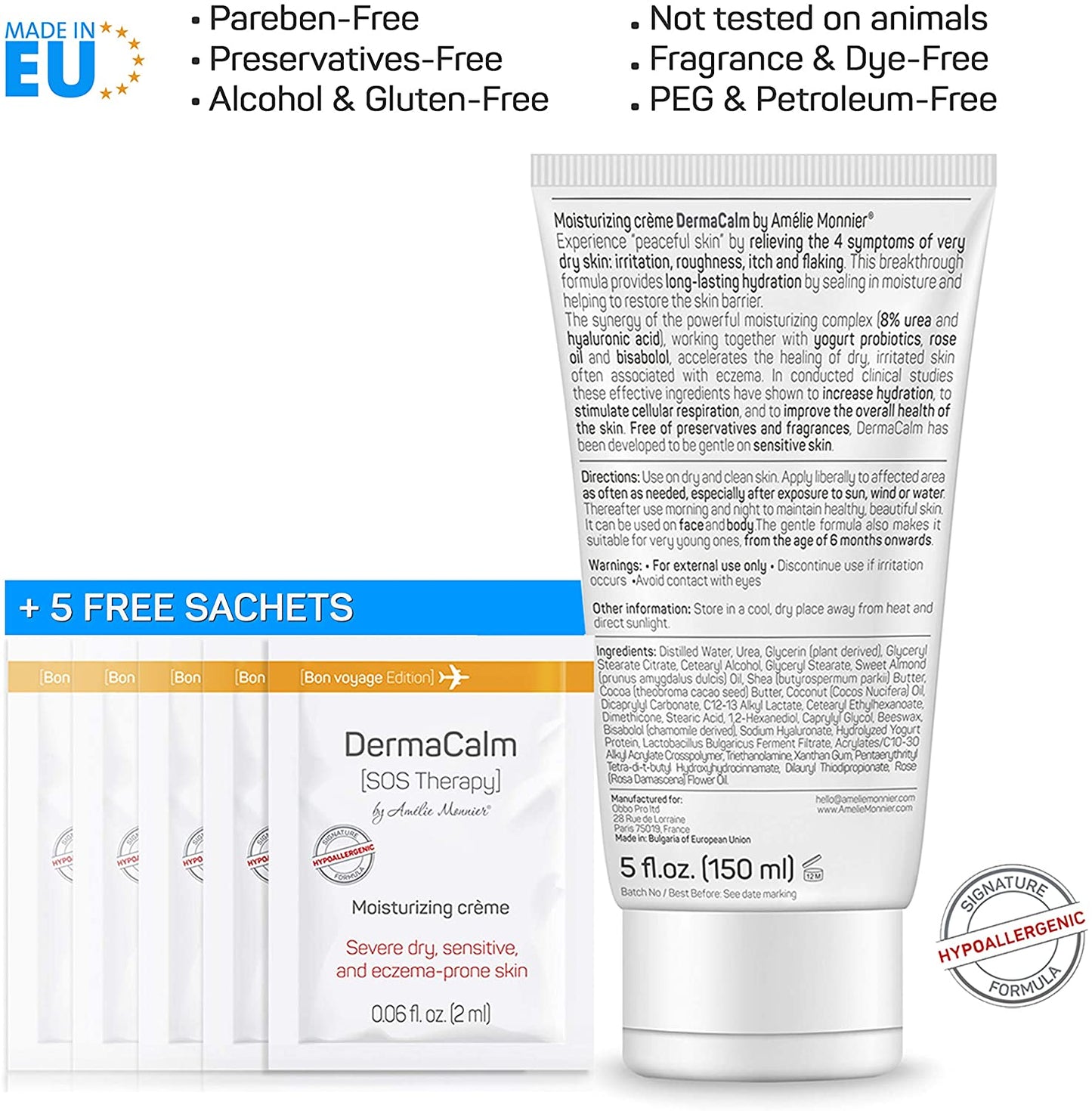 Amelie Monnier DermaCalm (SOS Therapy) Moisturizing Cream with 8% Urea, Probiotics & Hyaluronic Acid, 5 fl.oz / 150ml