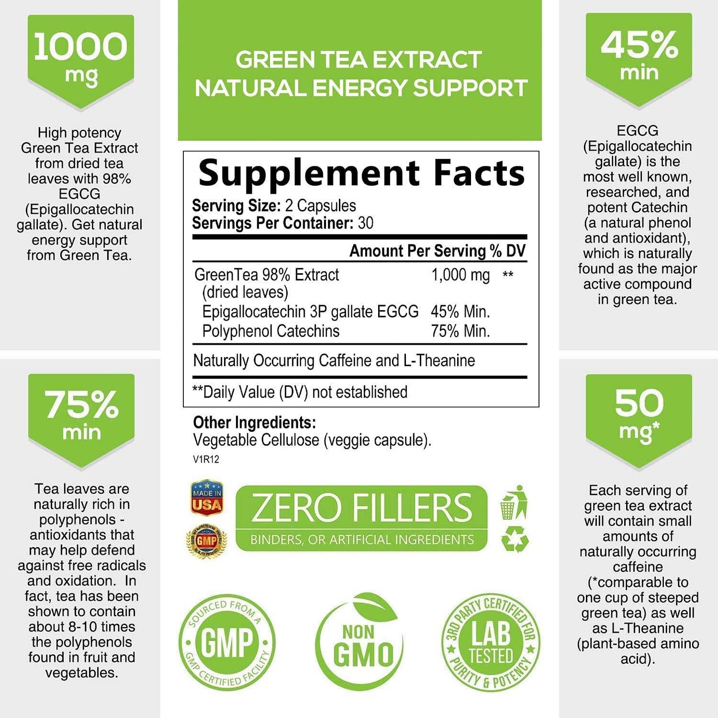 PureTea Green Tea Extract 1000mg Supports Healthy Heart & Energy, 60 Veggie Capsules