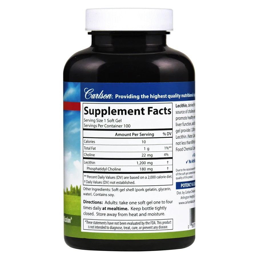 Carlson Lecithin, Non-GMO, 1200 mg 100 Softgels Nervous System & Liver Function