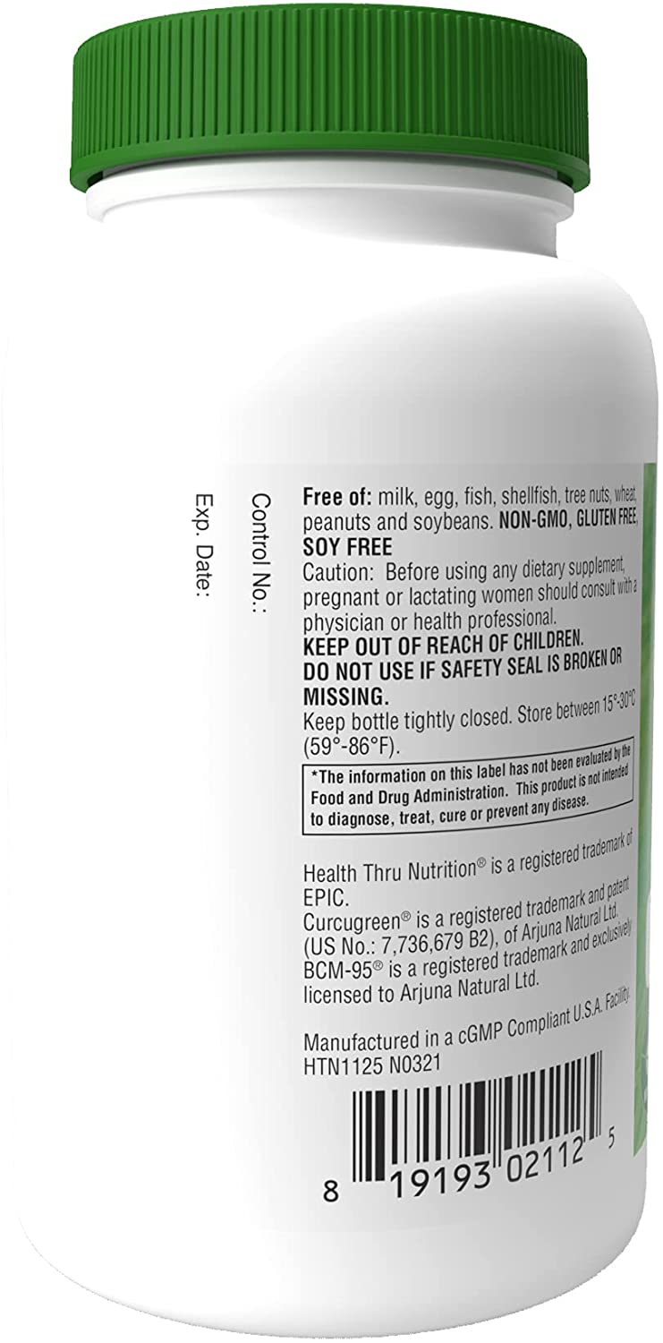 Health Thru Nutrition Turmeric Curcumin Complex as BCM-95 Curcugreen 500mg, 120 Vegecaps
