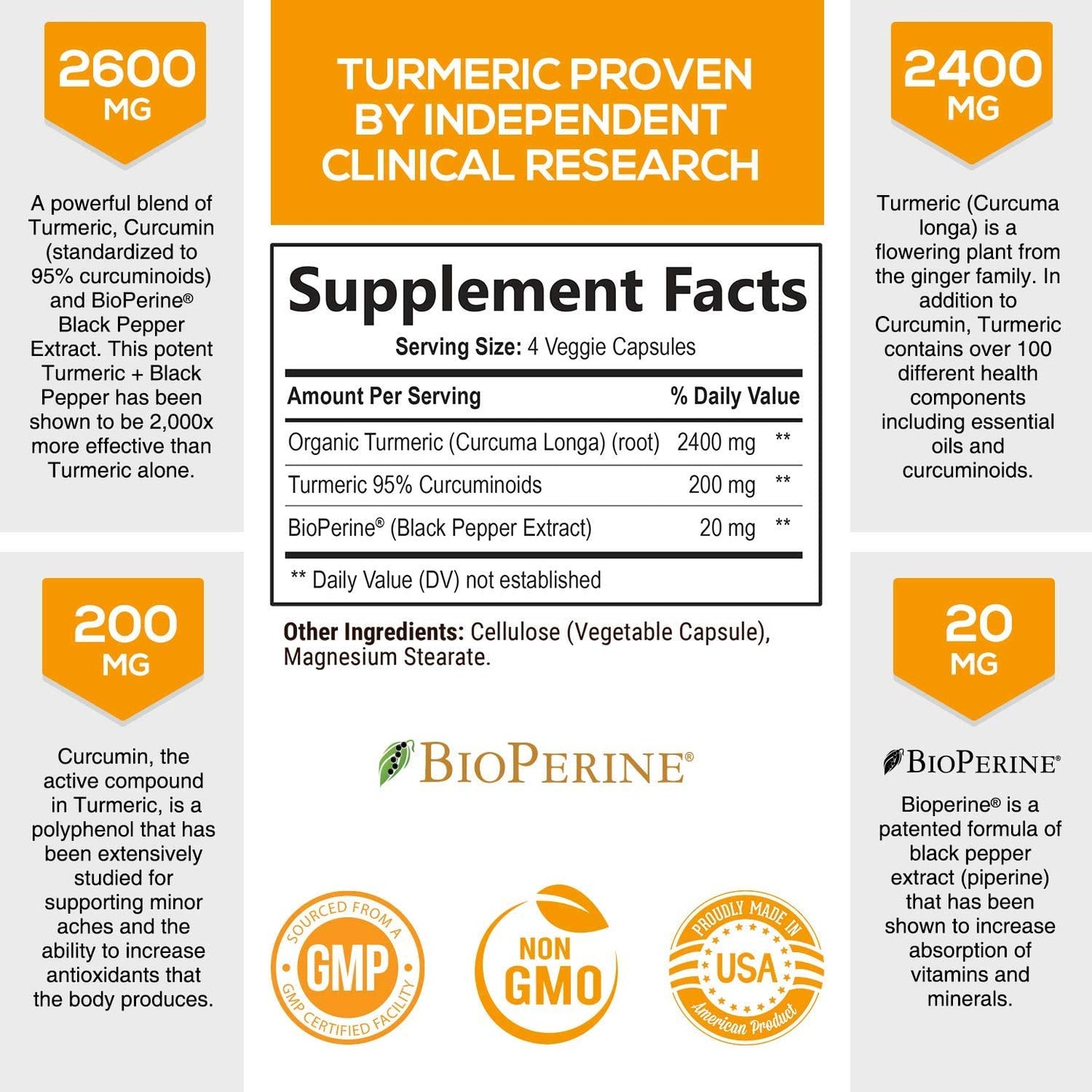 Nature's Nutrition Turmeric Curcumin with Bioperine 95% Curcuminoids 2600mg with Black Pepper for Best Absorption, 240 Capsules