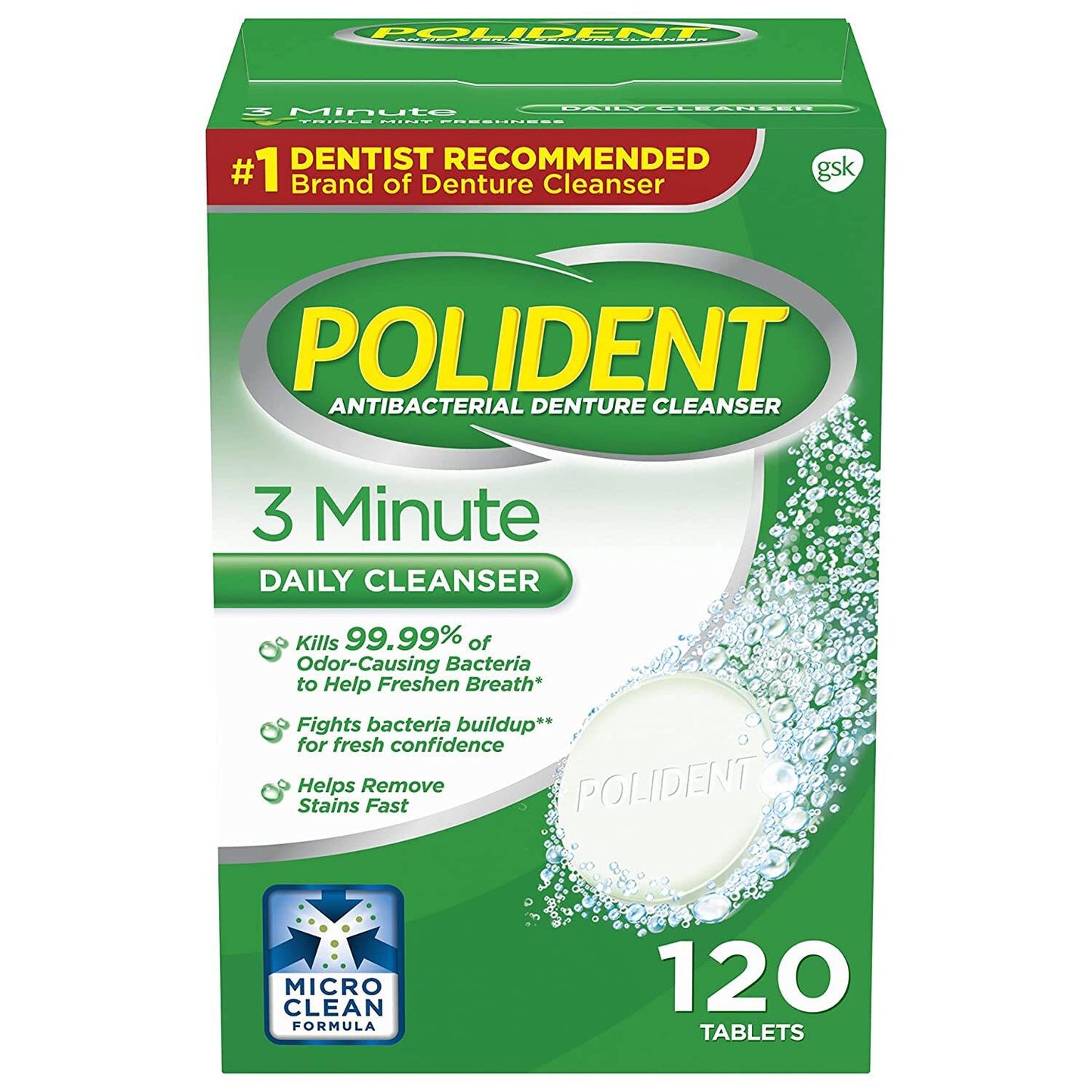 Polident 3-Minute Anti-Bacterial Denture Cleanser, 120 Tablets